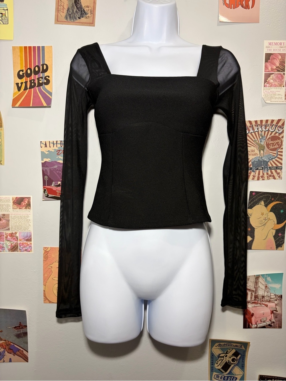 Abercrombie & Fitch Black Square-Neck Long Mesh Sleeve Crop Top